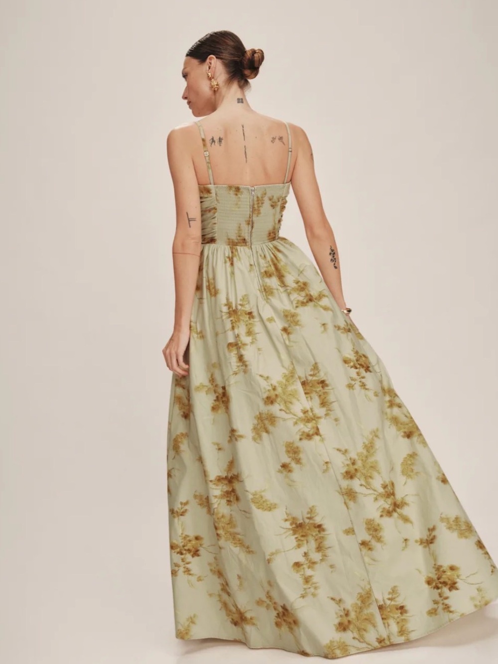 Reformation Sage Green Floral Strap Dress with Gold-Brown Print - Picture 3 of 13